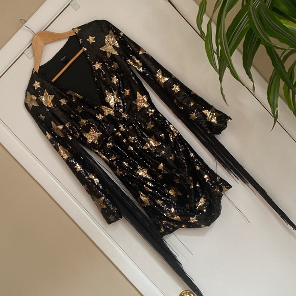 Nasty Gal Sequin Fringe Dress Star Sequin Plunge Neck sparkle phish size 4 - Picture 7 of 16